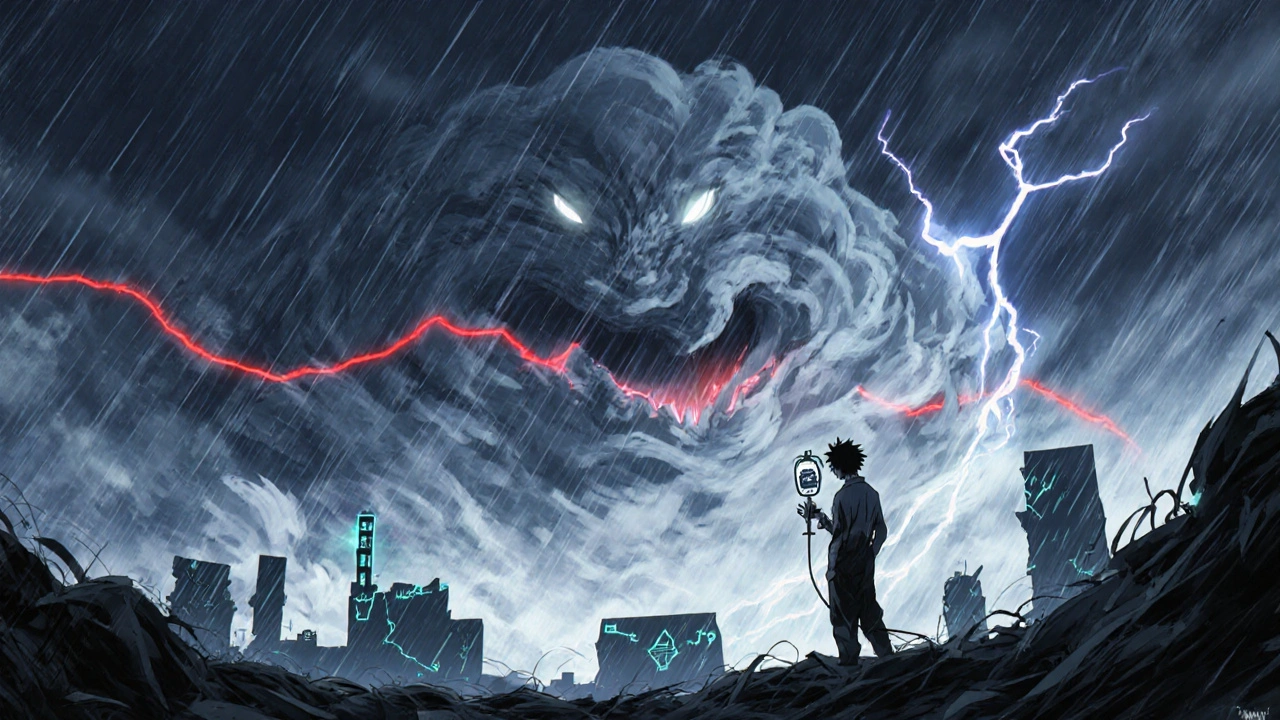 A human figure fights a storm monster made of rain and lightning while holding an IV bag.