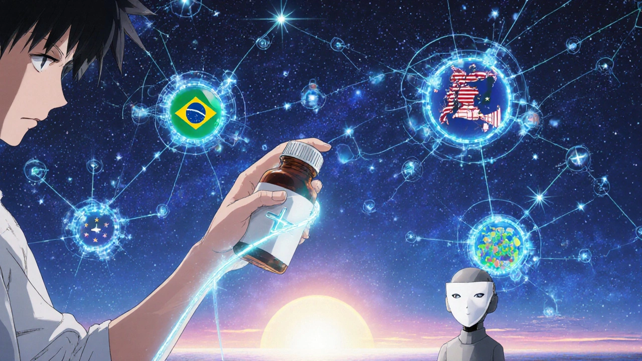 A patient&#039;s hand holds a pill as genomic threads connect to a global network of safety alerts.