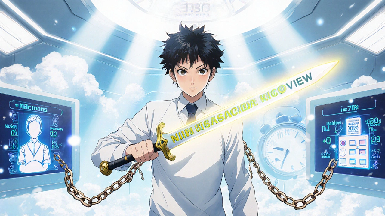 A patient wielding a sword to break dangerous drug interactions in a high-tech medical room.