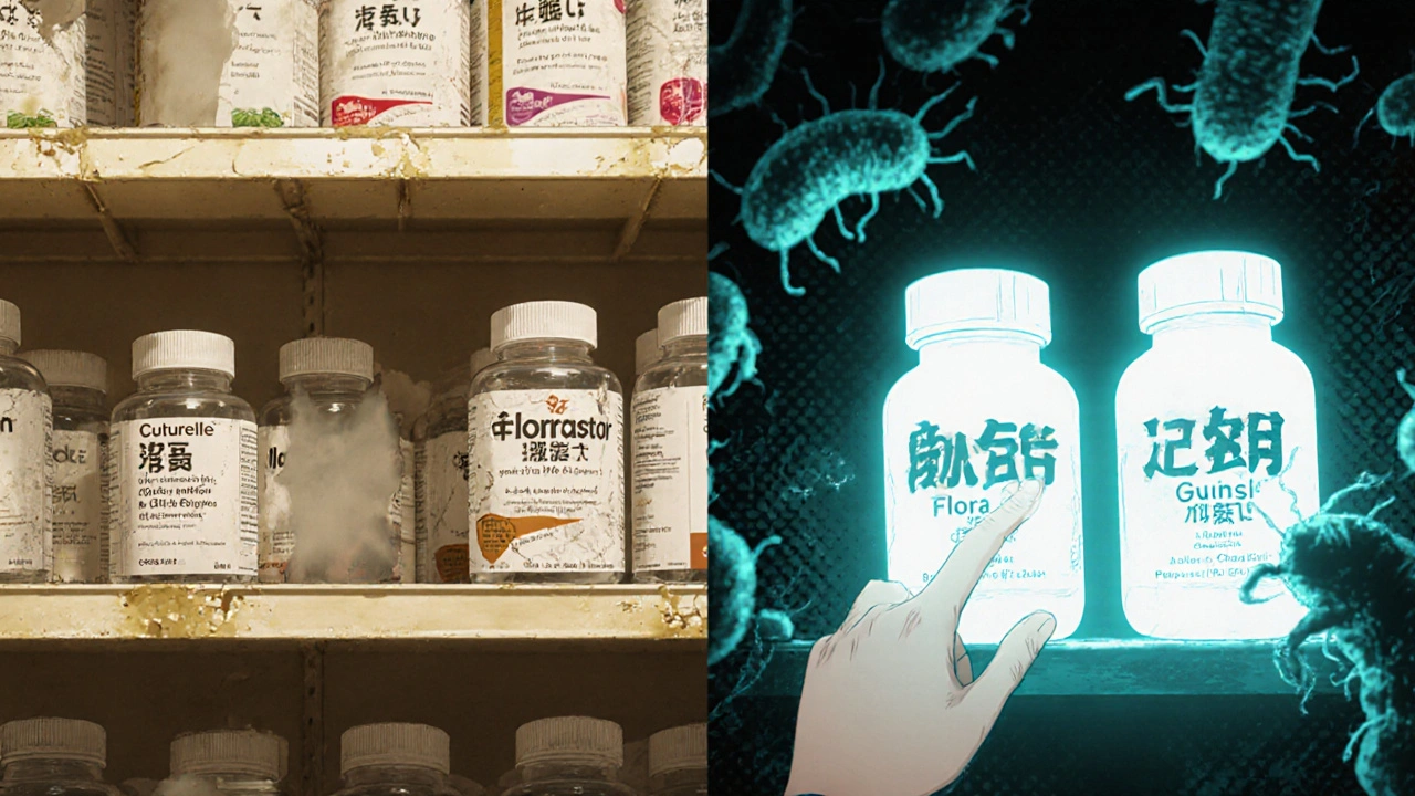 A person choosing a labeled probiotic supplement over generic, ineffective bottles on a shelf.
