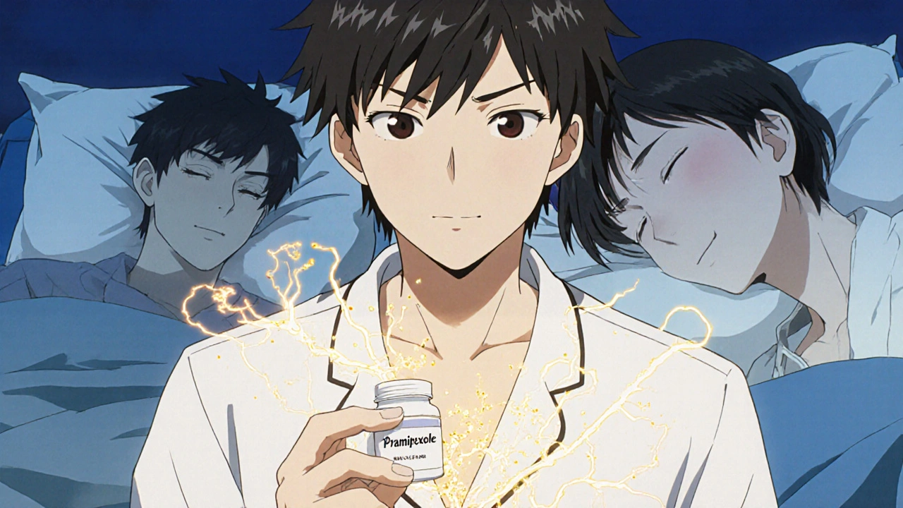 A person taking a pill as golden dopamine particles dissolve dark shadows in their legs, representing relief from RLS.