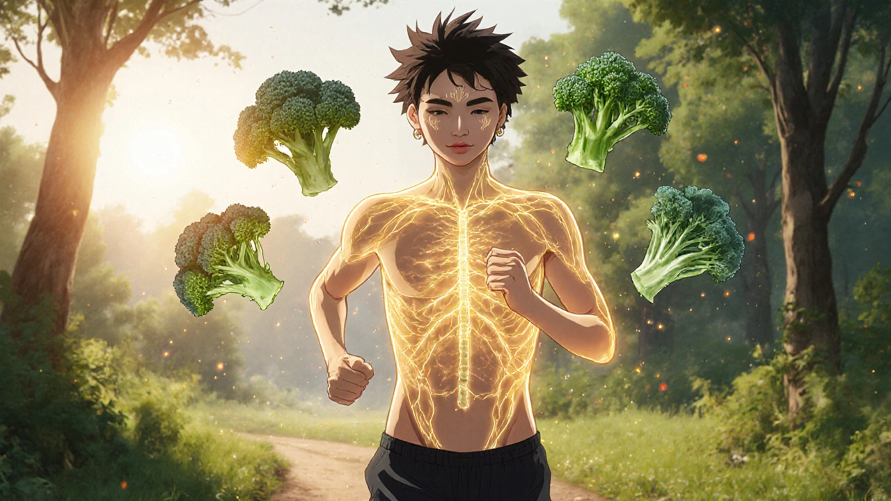 A runner surrounded by glowing energy and floating vegetables, symbolizing metabolic health.