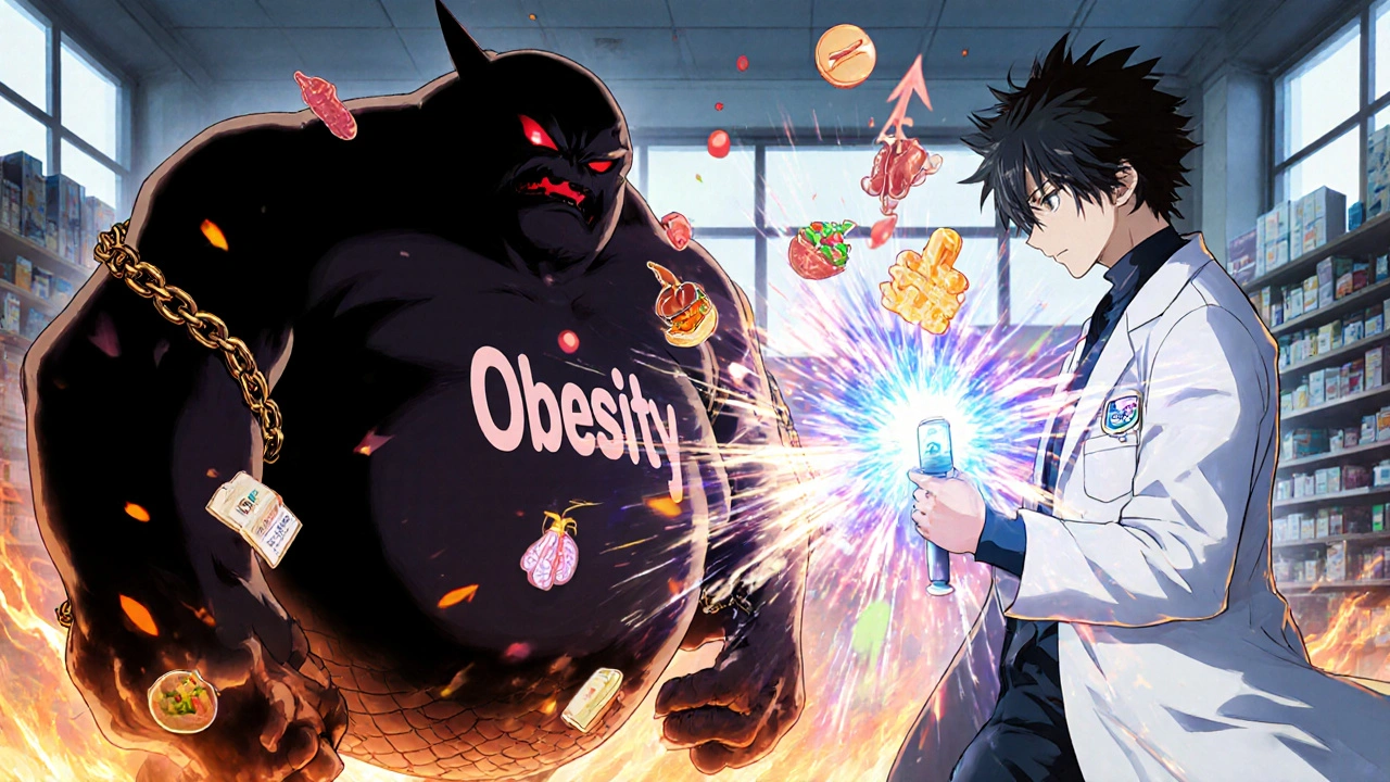 A warrior in a lab coat fights a shadowy obesity monster with a glowing syringe, organs and scales falling as it shatters.