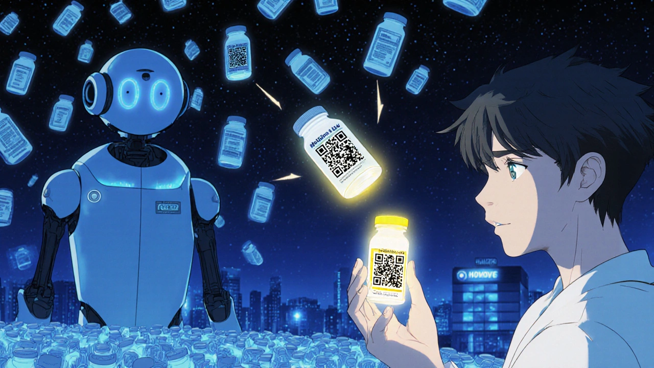 AI robot updating generic drug labels in sync with RLD, patient scanning QR code to view FDA-approved label.