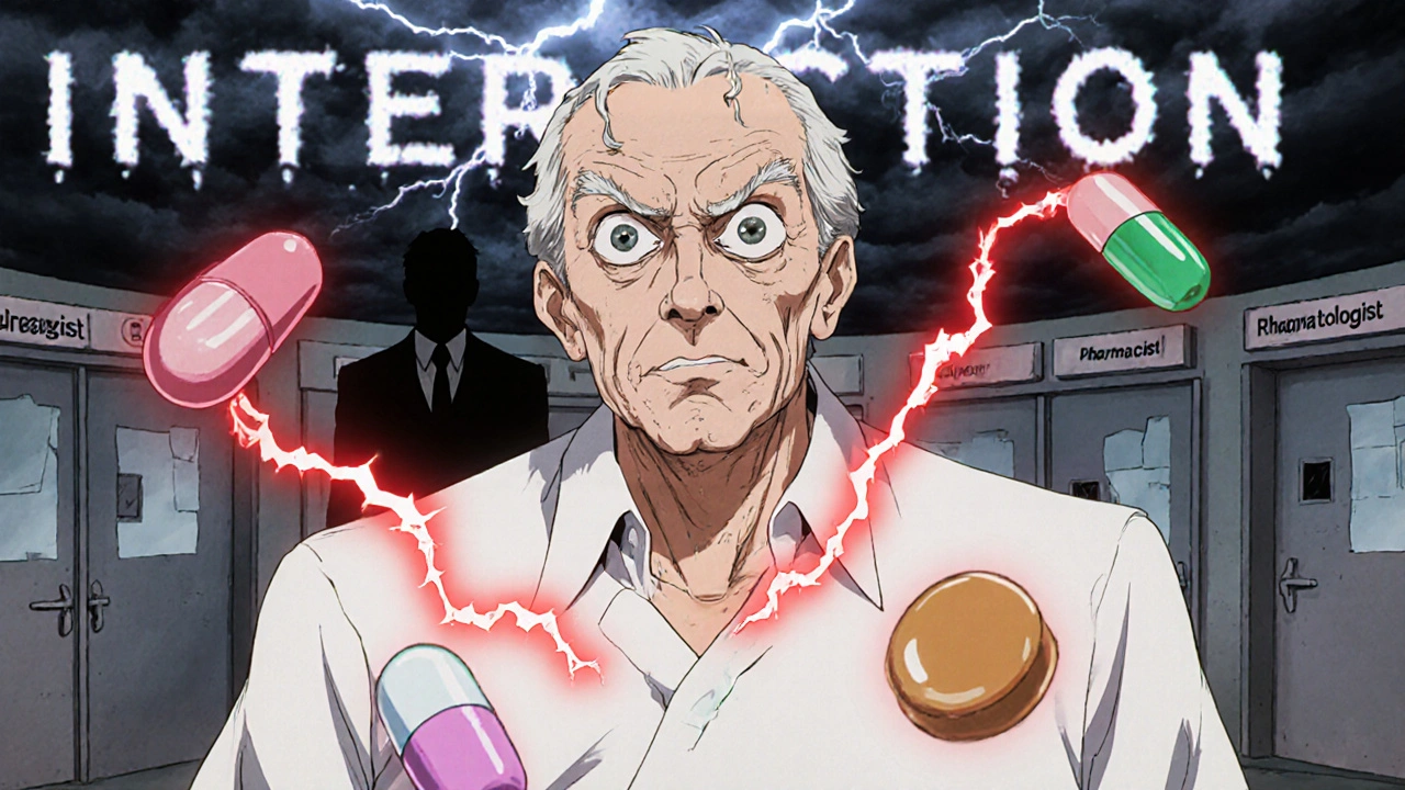 An elderly person surrounded by floating pills connected by red energy chains to vital organs.