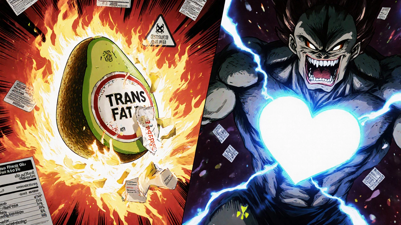 Avocado oil defeats a toxic oil monster with a heart-shaped shield while nutrition labels float in the background.