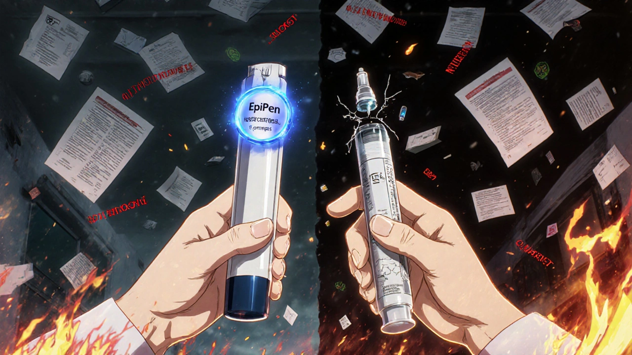Branded EpiPen and broken generic injector floating amid regulatory symbols