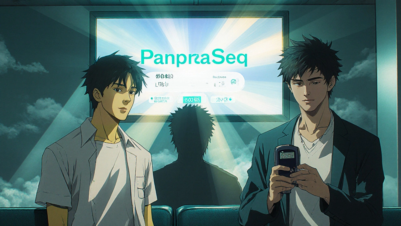 Diverse group in a hospital with symptom cues and a glowing PancreaSeq blood test screen above them.