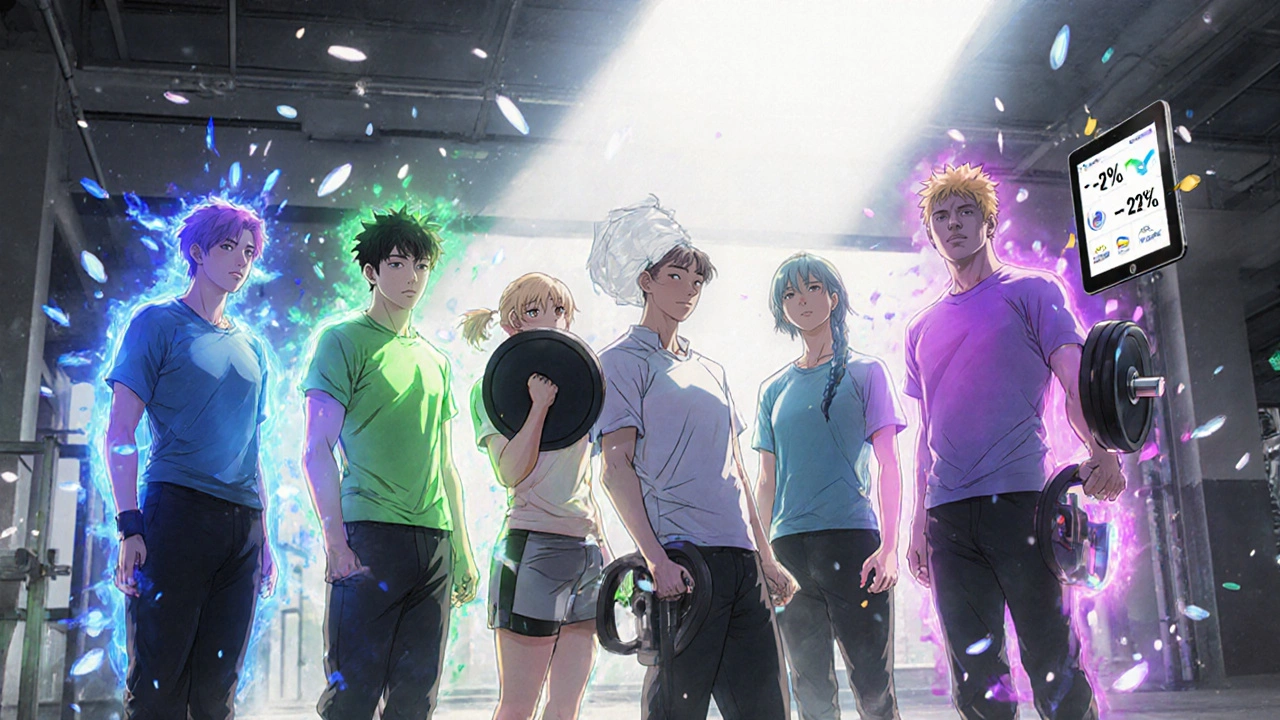 Diverse people exercising in a gym, each with colored auras showing health improvements, one lifting weights with fat turning to energy.