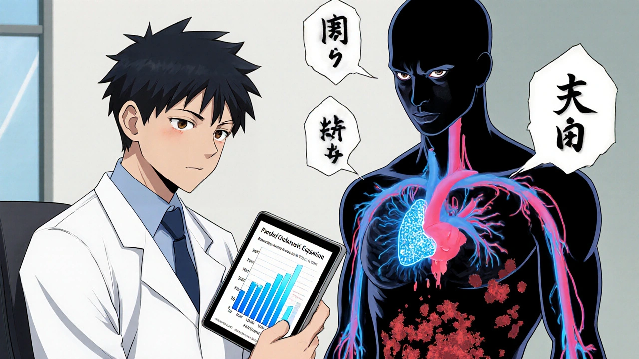 Doctor and patient in clinic with animated risk calculator and split body showing healthy vs. bleeding arteries.