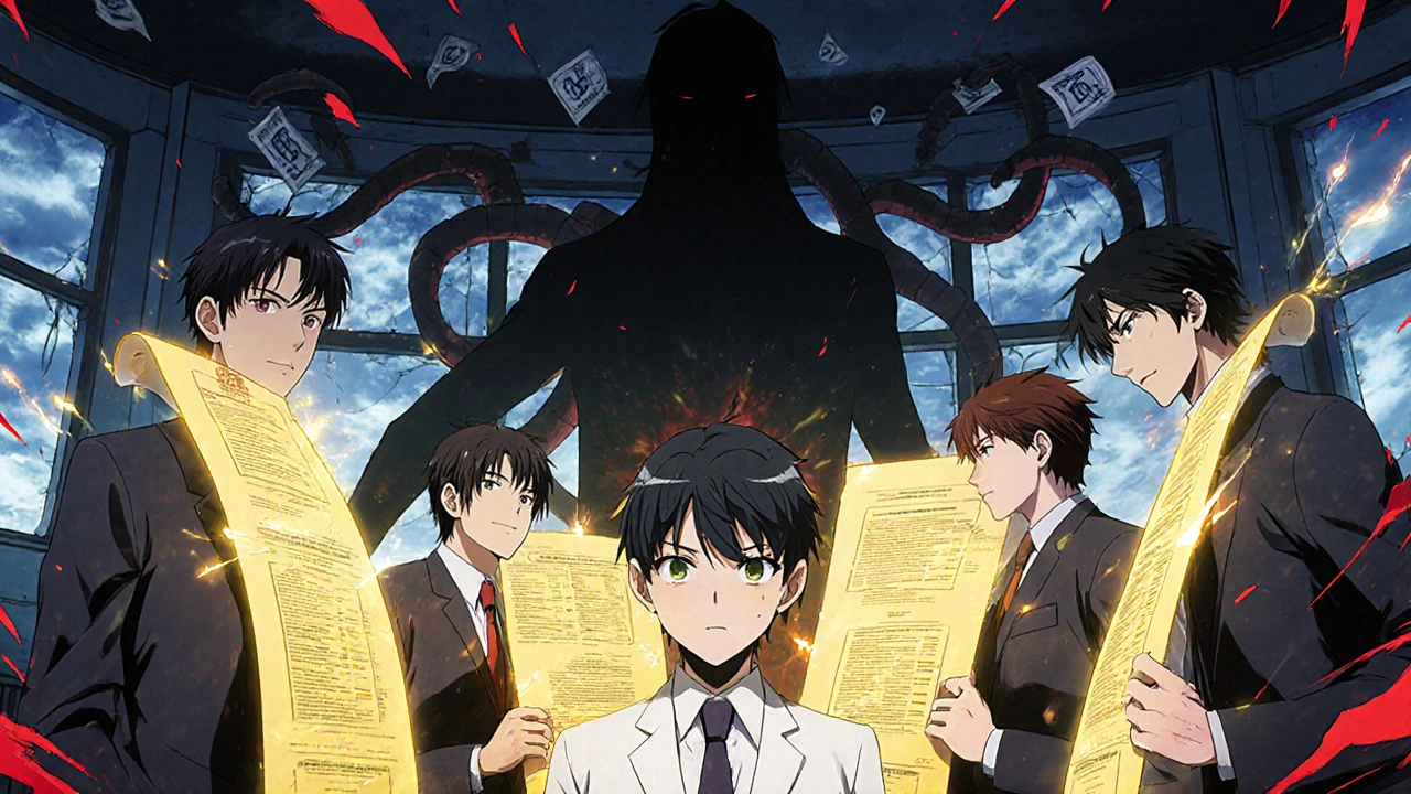 Factory CEO confronted by engineers holding glowing audit trails, corrupted server looming behind them.