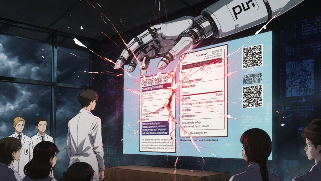 Generic drug label failing to match RLD in FDA courtroom, holographic text and QR codes surrounding the scene.