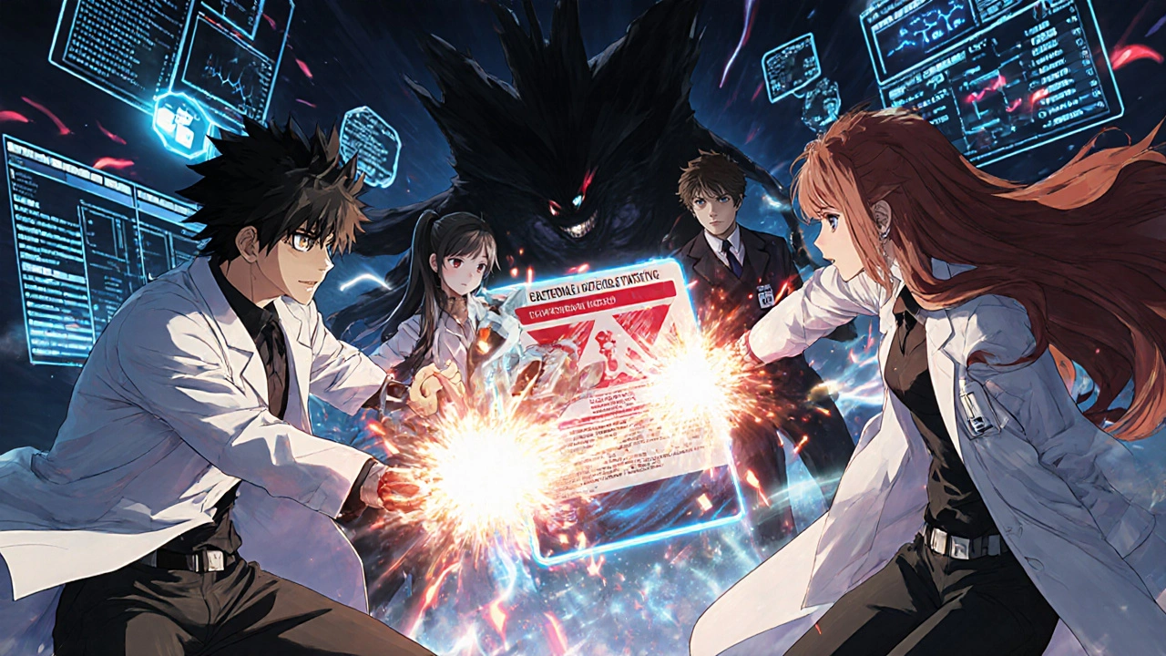 Healthcare heroes battle a drug label monster using data streams and holographic patient charts.