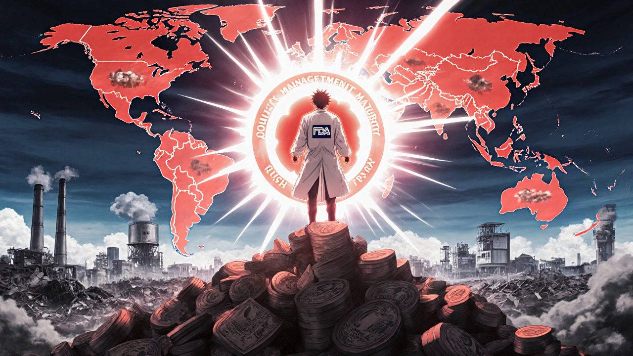 Hero in lab coat stands on records, launching a shield of quality maturity over global factories in warning colors.