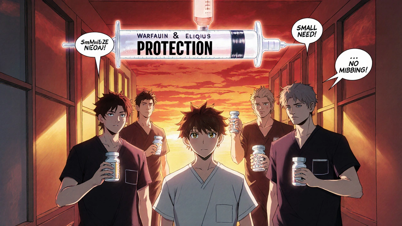 Medical team marches toward vaccine syringe, holding blood thinner pills, patient at center.