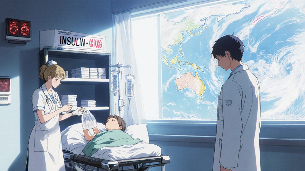 Nurses rationing the last saline bags in a hospital emergency room during a drug shortage.