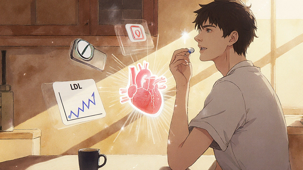 Patient taking morning statin with healthy heart silhouette and reminder icons floating nearby.