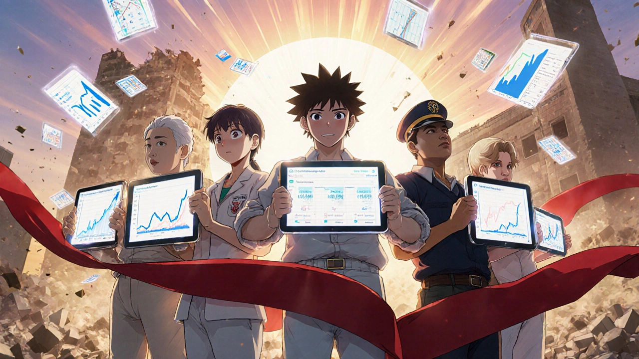 Patients unite on a rooftop holding price-comparison apps as glowing shields against rising drug prices.