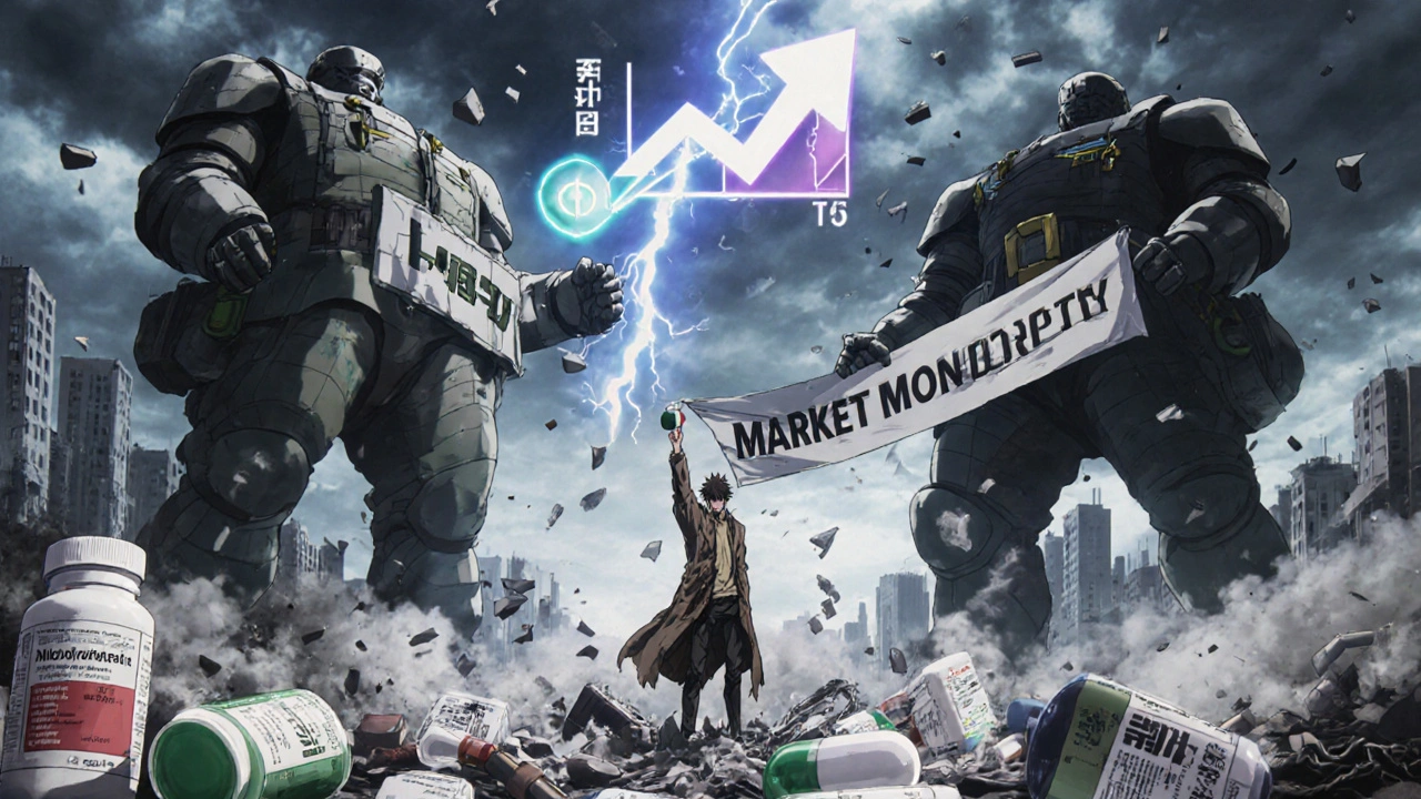 Pill bottles battle on a war-torn street as corporate giants dominate the market with a monopoly banner.