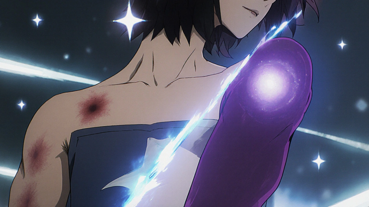 Split image showing small bruise vs large hematoma after vaccine, healing energy contrast.