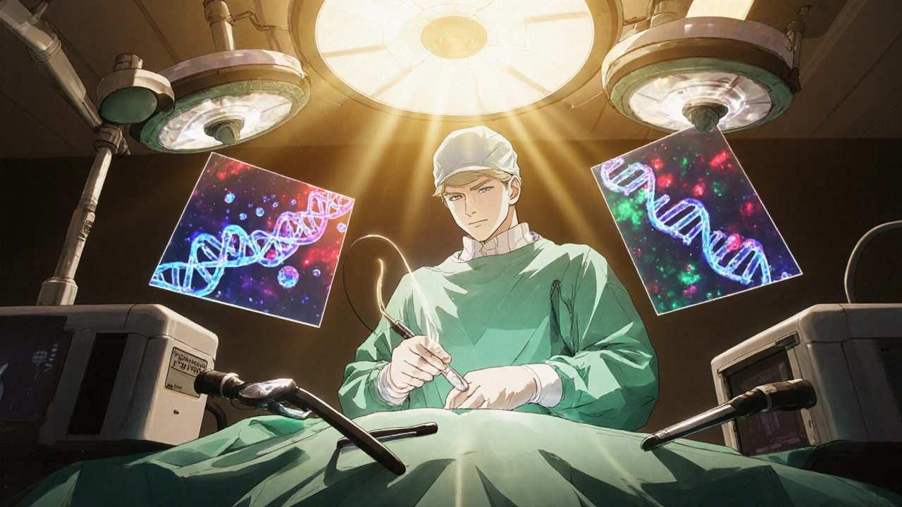 Surgeon performing a complex operation with glowing drug molecules and DNA helixes around them.