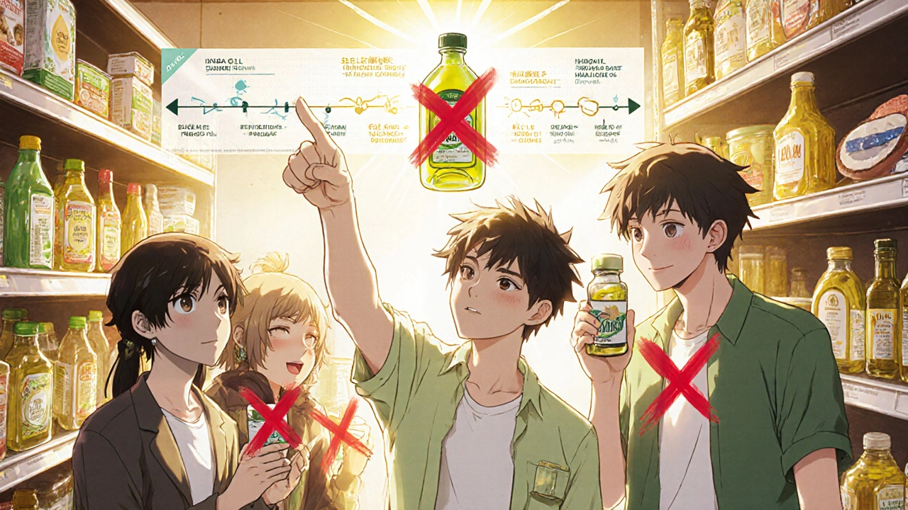 Teens in a supermarket celebrate finding algae oil, with unhealthy oils marked by red Xs around them.