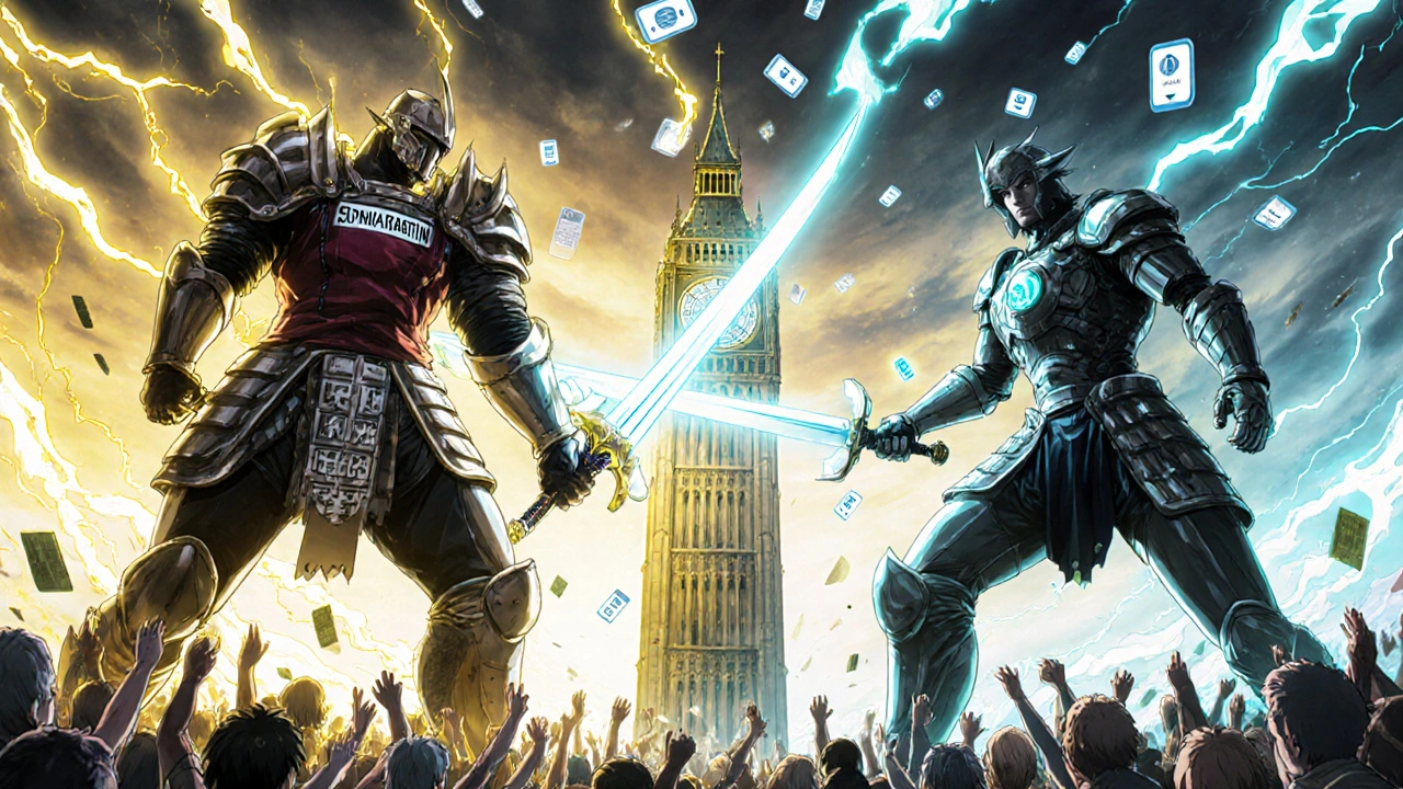 Two statin warriors battle on a clock tower, one ancient, one futuristic, sunrise sky above.