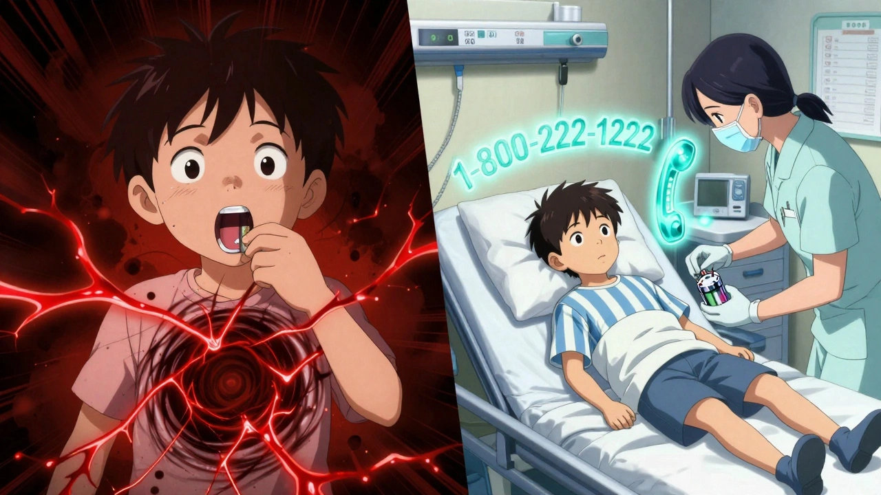 A child swallows a button battery as a glowing emergency number appears in the background.