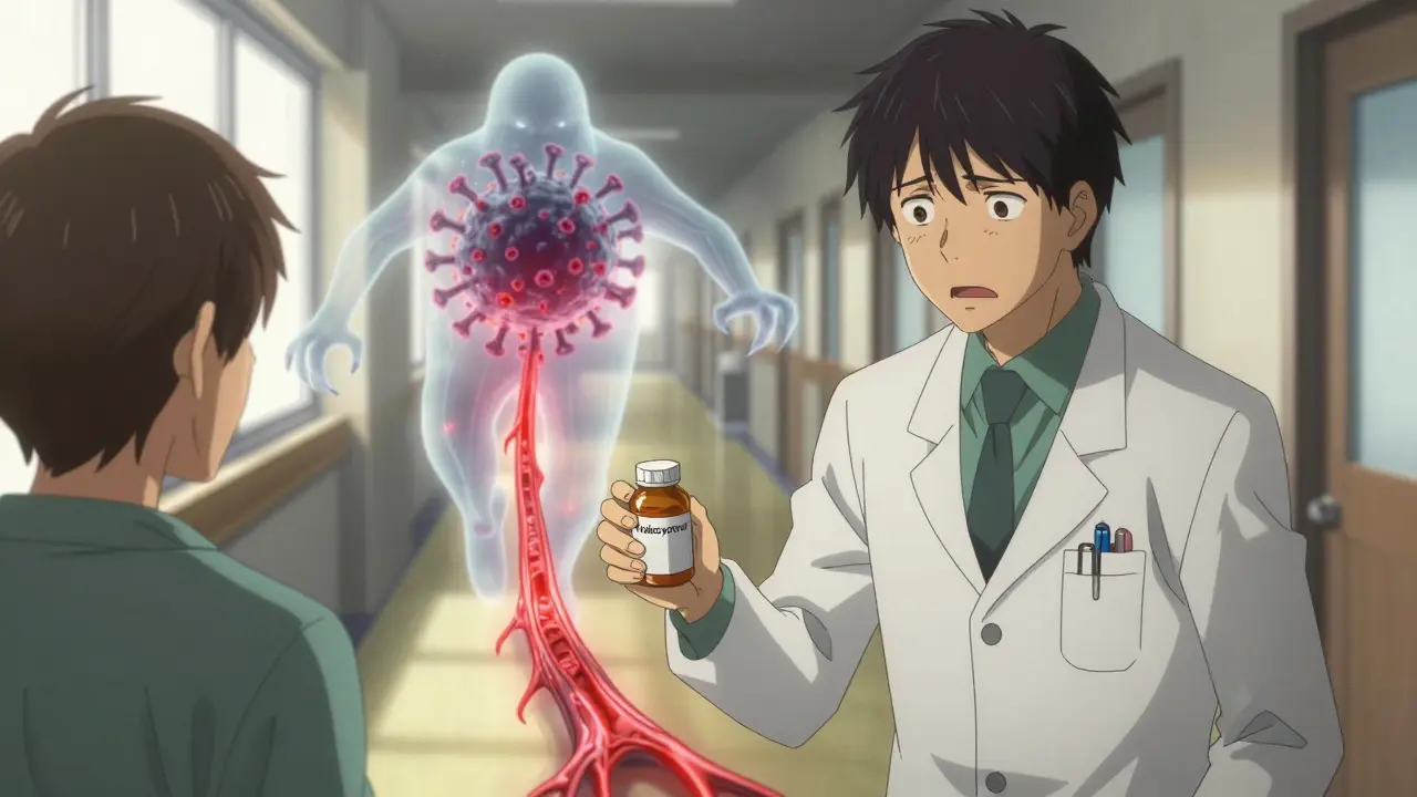 A doctor gives antiviral pills to a patient as a fading virus retreats along a glowing nerve path.