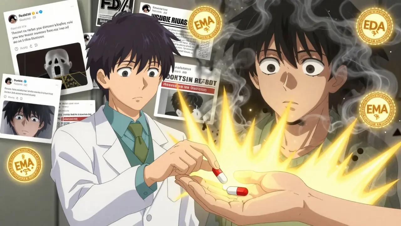 A doctor handing a pill that glows with trust, dispelling fear with official medical seals.