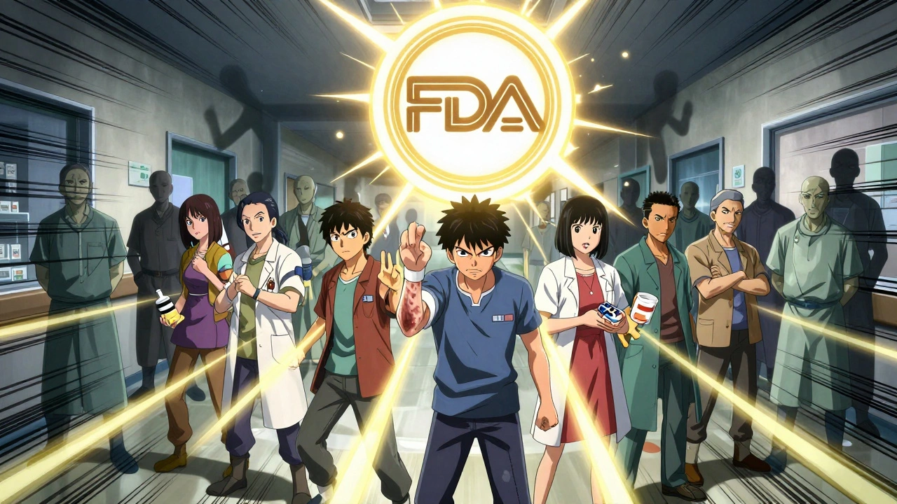 A group of patients unite, holding evidence of medication errors as glowing energy connects them to a massive FDA logo.