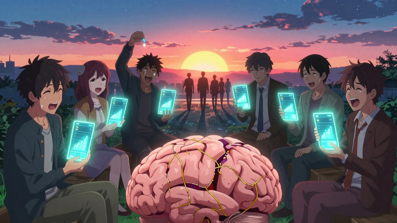 A group of people celebrating cognitive recovery under the stars, with glowing apps and a healing brain.