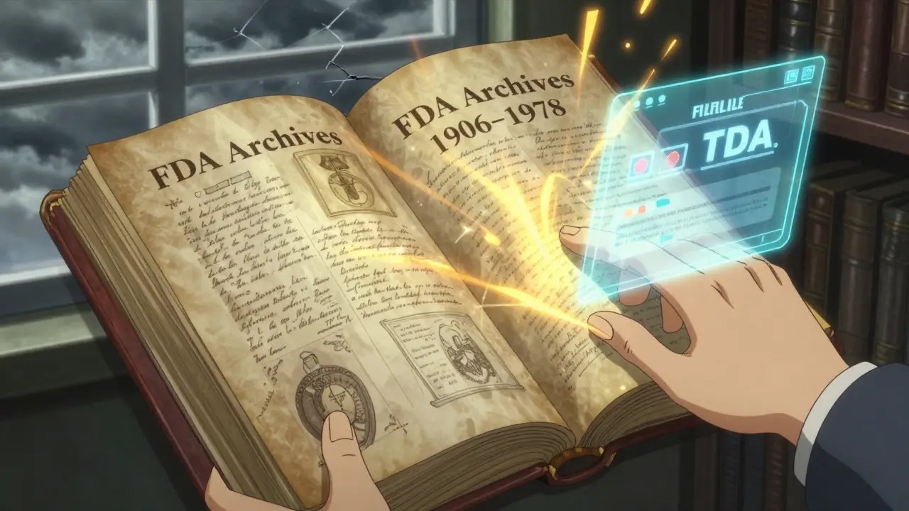 A hand opens an ancient FDA archive book, glowing with historical medical documents and holographic alerts.