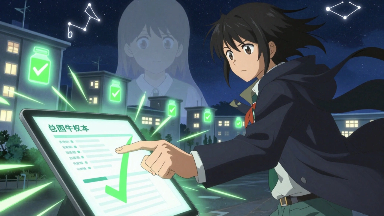 A hand submits a medication error report online, triggering safety lights across hospitals in the distance.