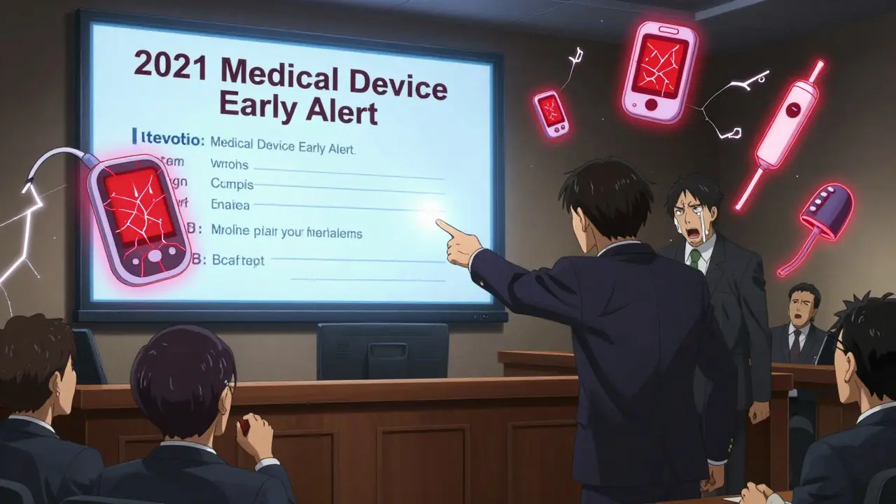A lawyer reveals a medical device safety alert in court, with glowing faulty devices and a nervous executive.