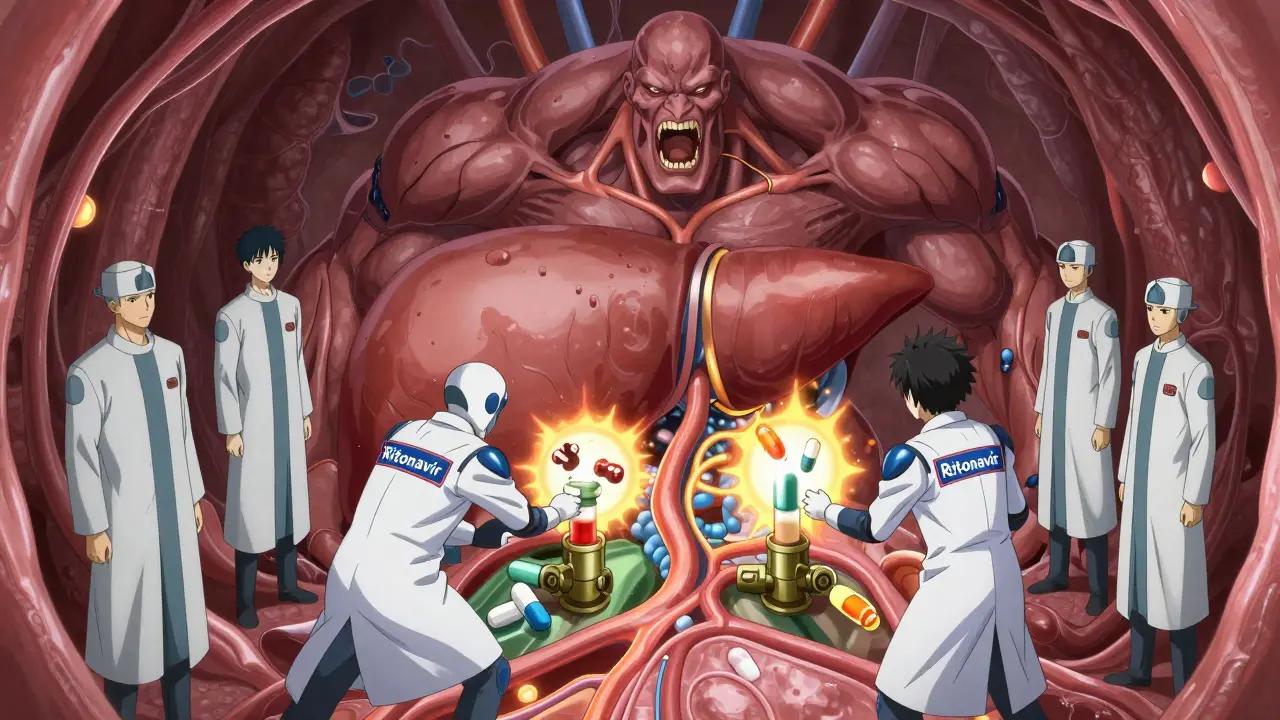 A liver battlefield where protease inhibitors block enzymes while integrase inhibitors remain calm, in shounen anime style.