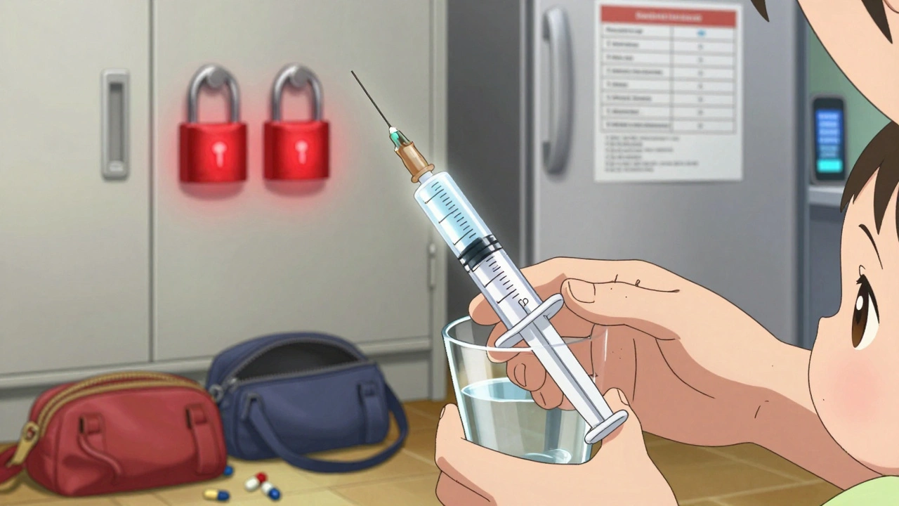A parent carefully measures medicine with a calibrated syringe while medications are locked away.