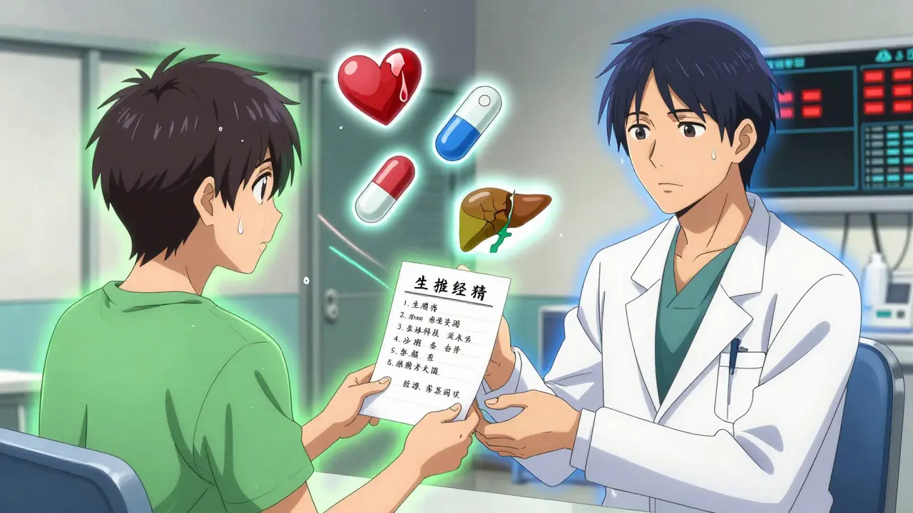 A patient handing a written list of supplements to a doctor in a hospital room, with floating warning icons above the list.