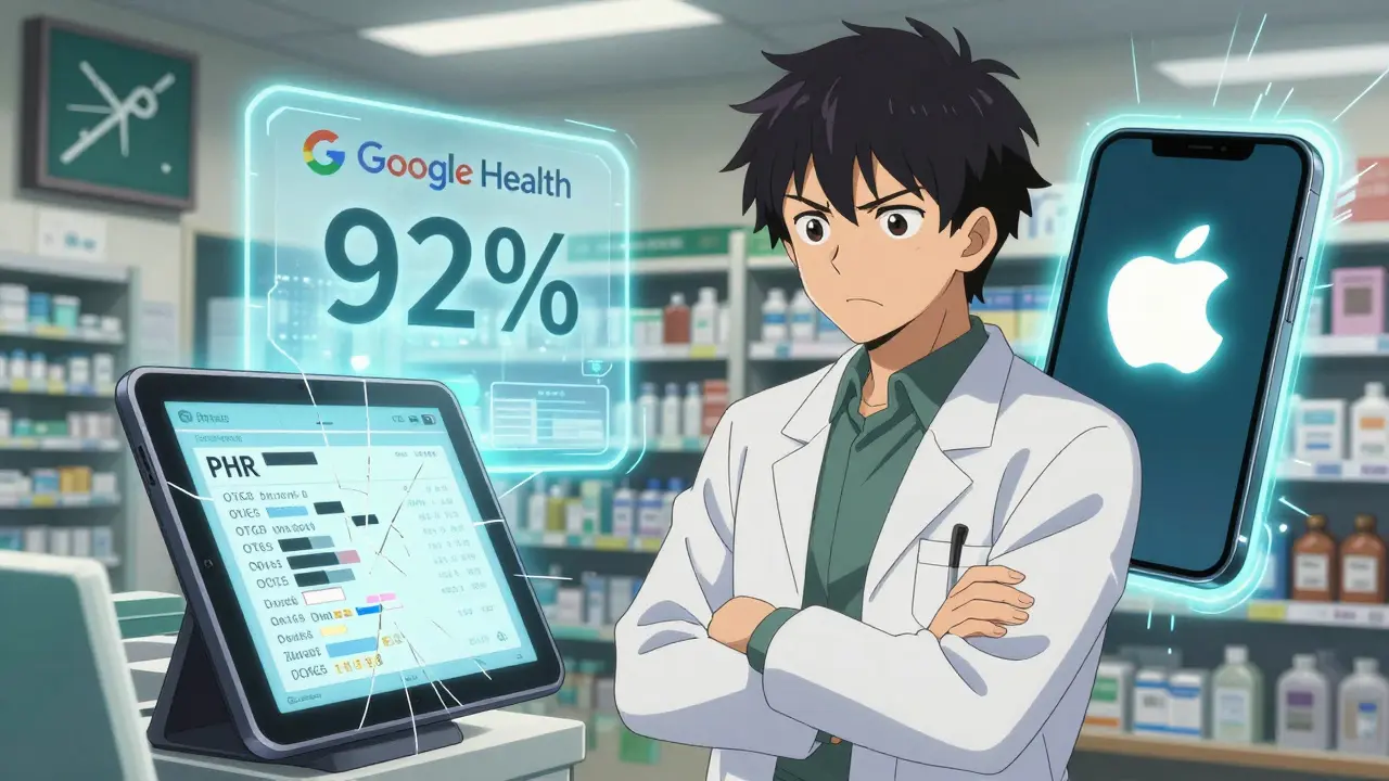 A pharmacist frustrated by a broken PHR display, with AI warnings and a fully synced Apple Health icon visible nearby.