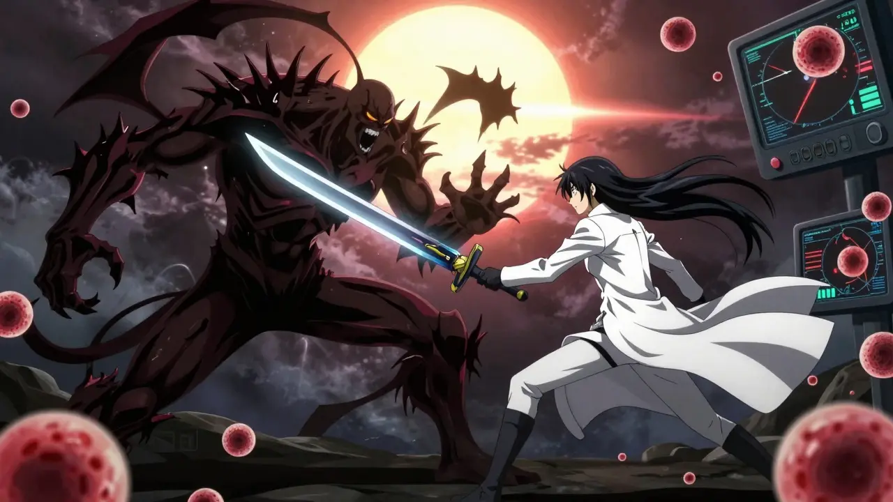 A symbolic battle in the mind between a rigid antipsychotic monster and a sleek warrior wielding a calming medication blade.