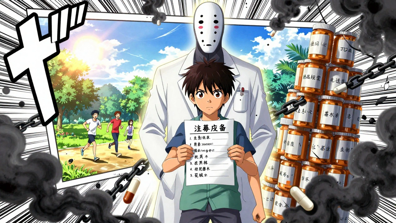 A teen holds a medication list while standing against a doctor made of pills, with a bright future glowing behind them.