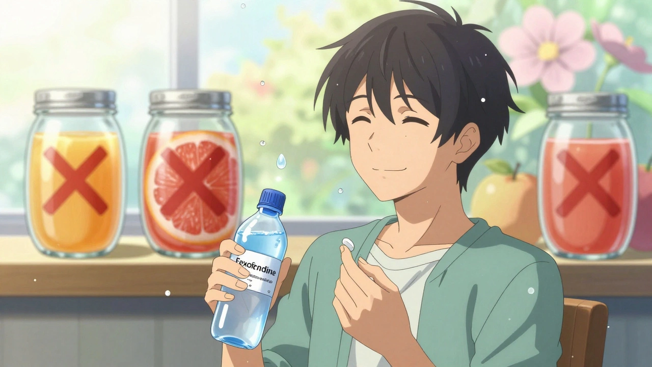 A teen takes allergy medicine with water while fruit juices are marked with X&#039;s, peaceful anime scene.