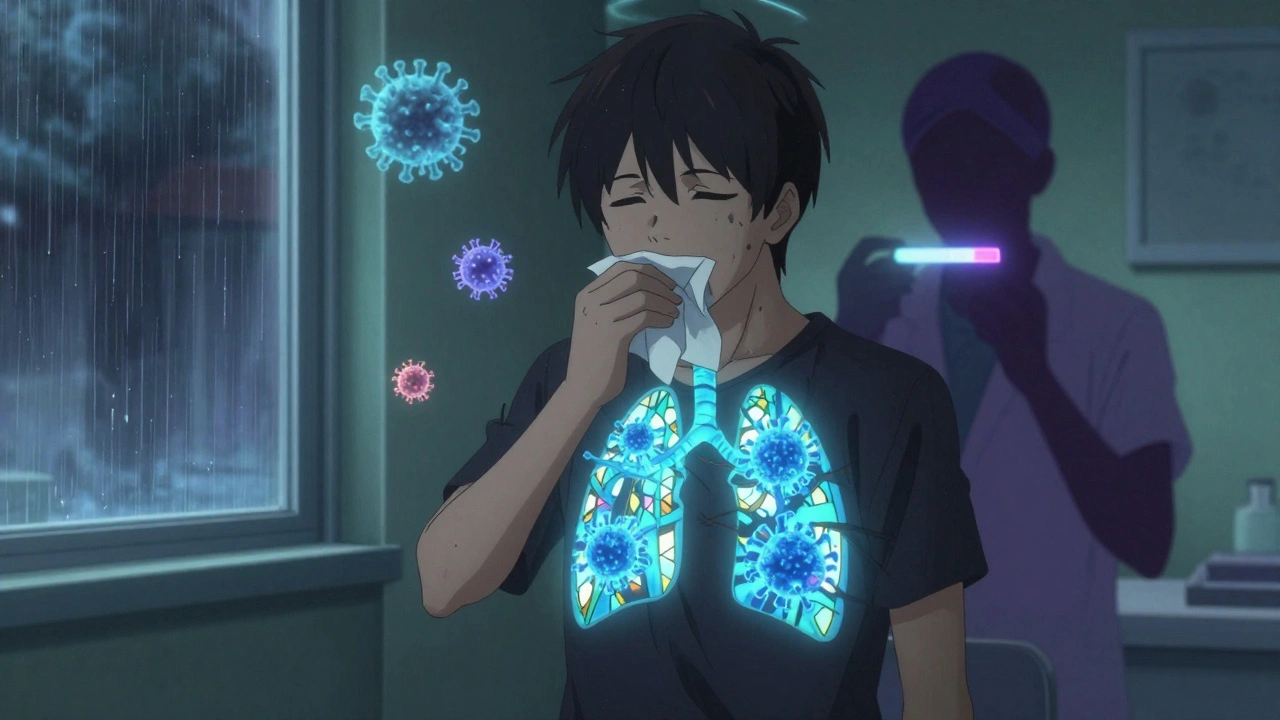 A teen with viral particles spreading through his lungs, cool tones and PCR test glowing in background.