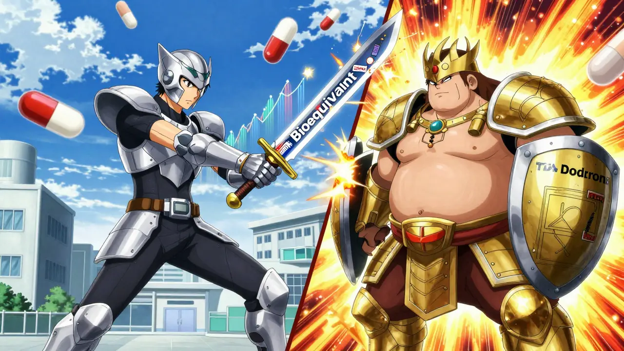 A warrior in FDA-approved armor battles a gold-plated brand-name drug warrior on a battlefield of price graphs.