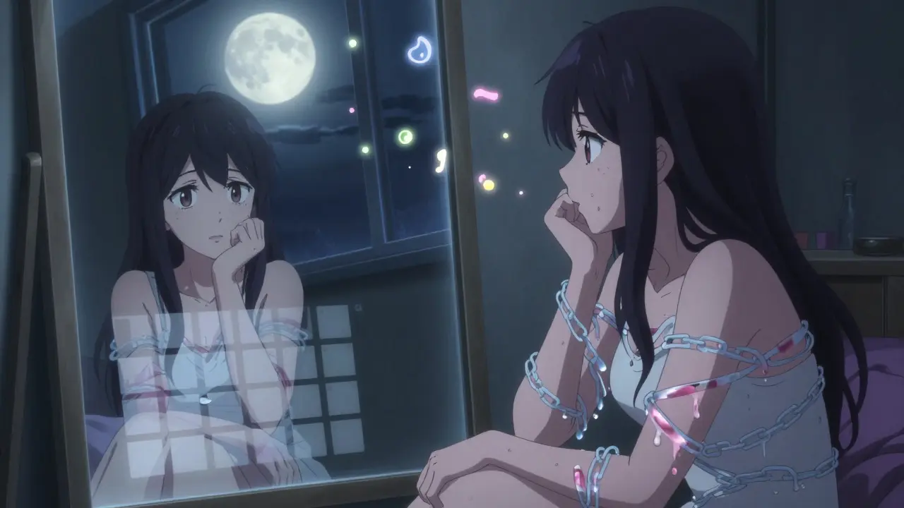 A woman in her bedroom watching her menstrual calendar fade away, opioid chains draining her color as symbols of desire drift off.