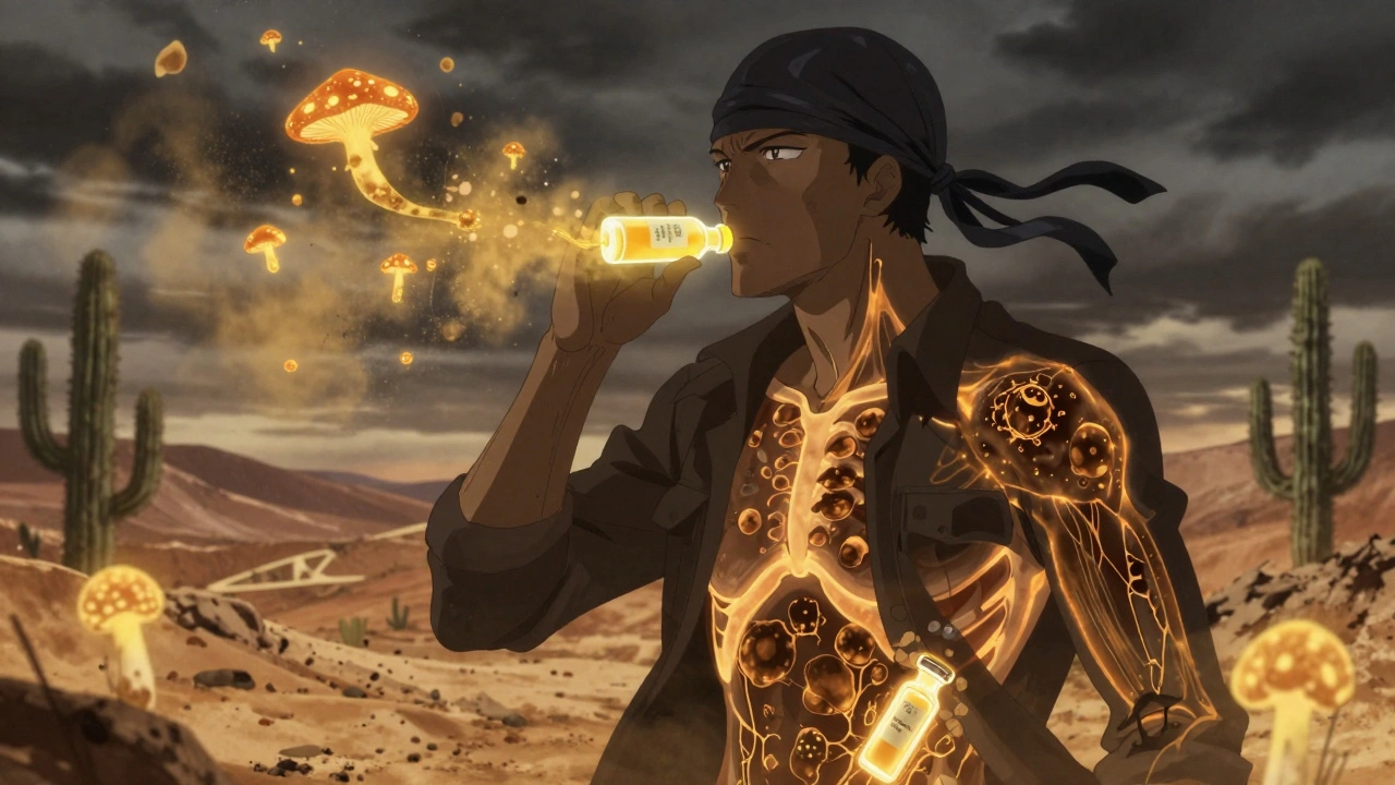 A worker inhaling fungal spores from dust, glowing nodules in lungs, desert storm behind him.