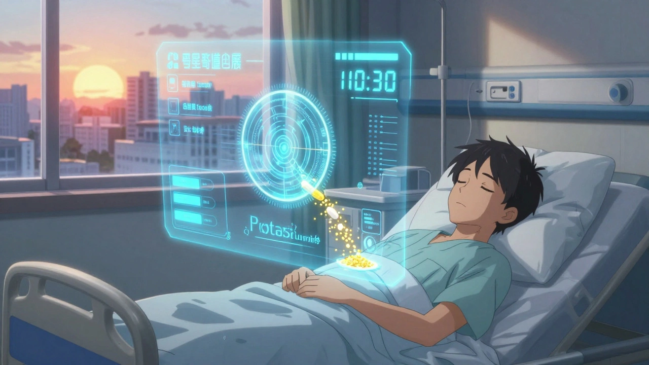 AI health interface projecting vital data above a patient sleeping with a glowing pill.