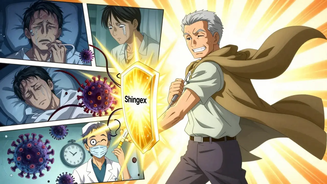 An elderly man receives a vaccine as a golden shield repels dark virus tendrils, past suffering fading away.