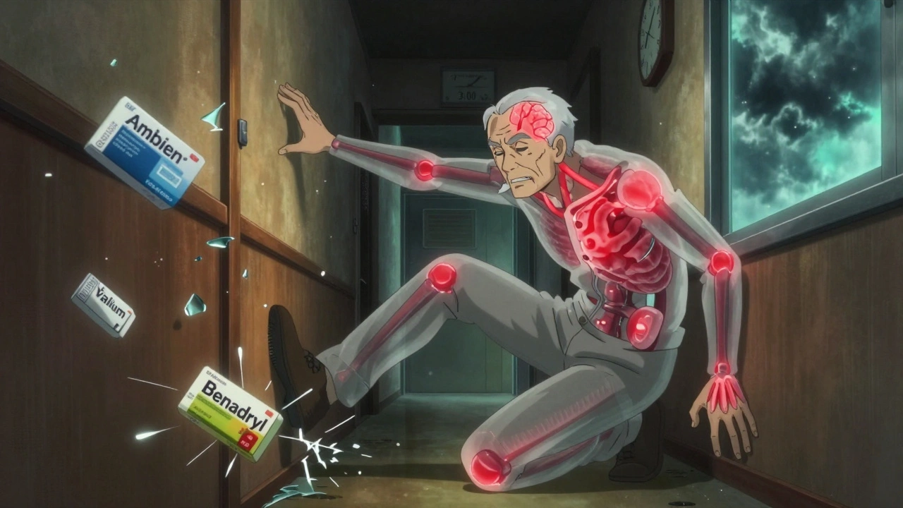 An elderly man stumbling in a hallway, translucent danger zones glowing as medication bottles float around him.