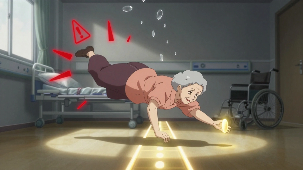 An elderly woman falling slowly, with pills raining down and a golden path of recovery glowing ahead.